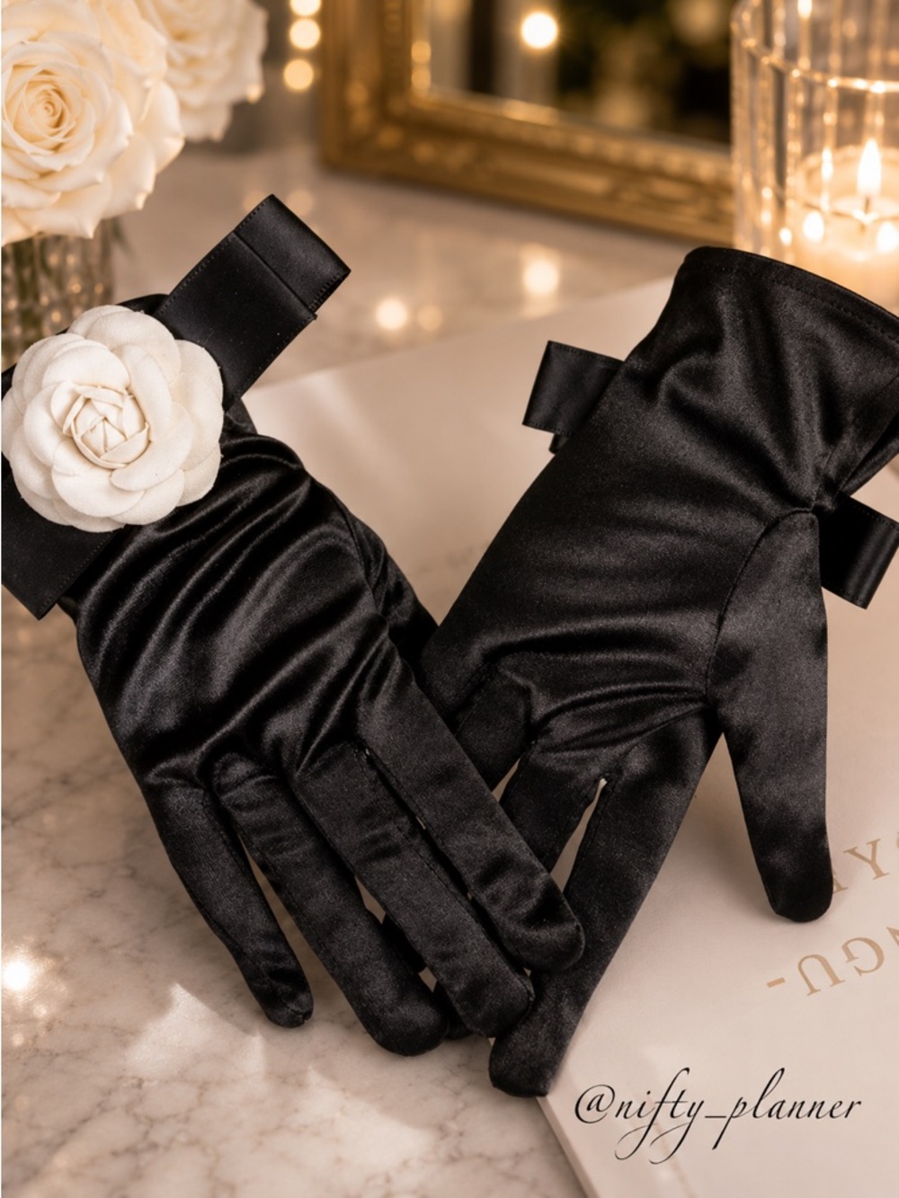 Black Satin Gloves with White Flower Accent - Women Accessories